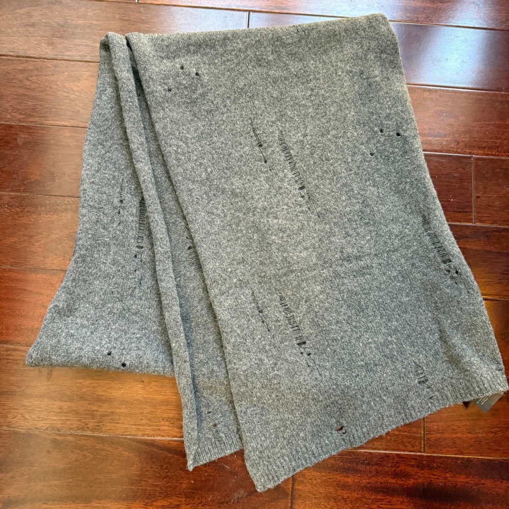 The Kooples Wool Scarf Gray 78x15 Distressed Destroyed Grunge Goth Quiet Luxury